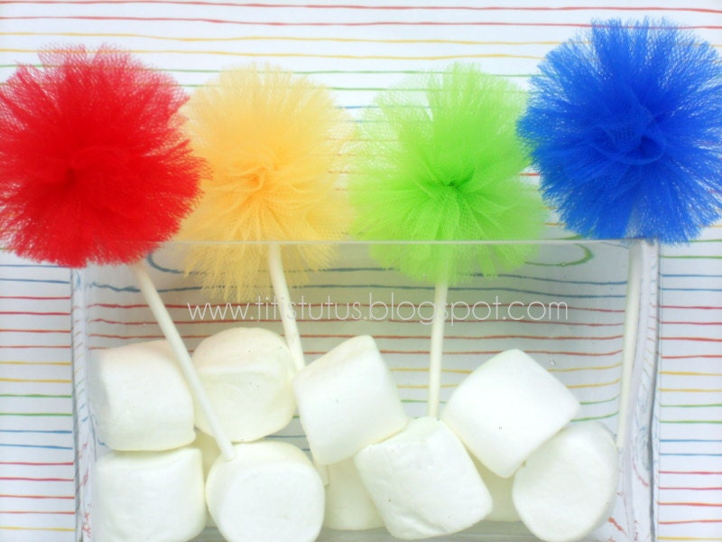 Rainbow Tulle Pom Cupcake Toppers (white sticks) Il_170x135