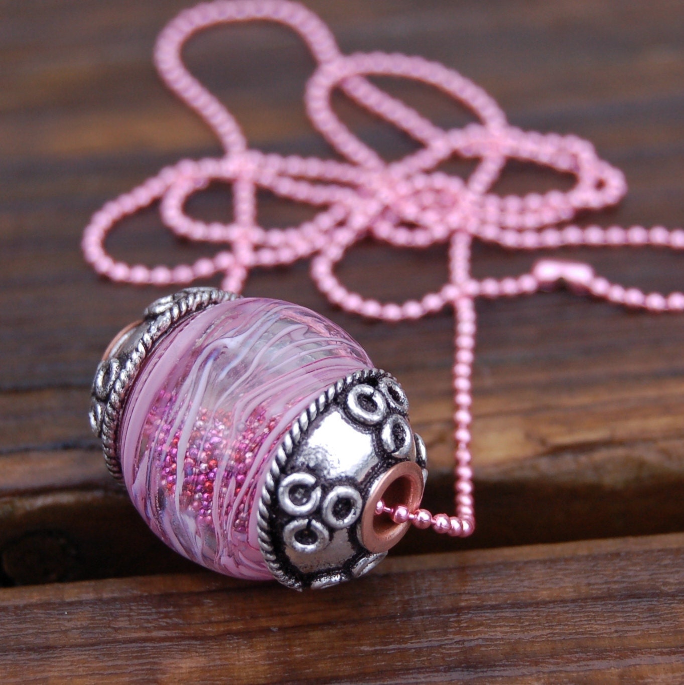 PINK Necklace - Cored 'n Capped K O Lampwork Big Hole Bead for Add A Bead Chains