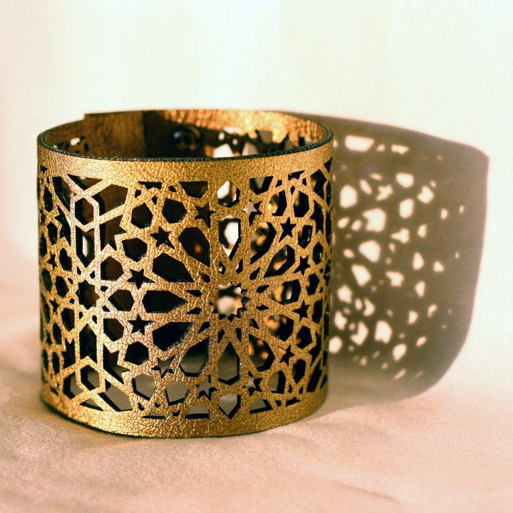 Geometric Laser cut Bronze & Gold Faux Leather Cuff (Moroccan Zellij inspired)