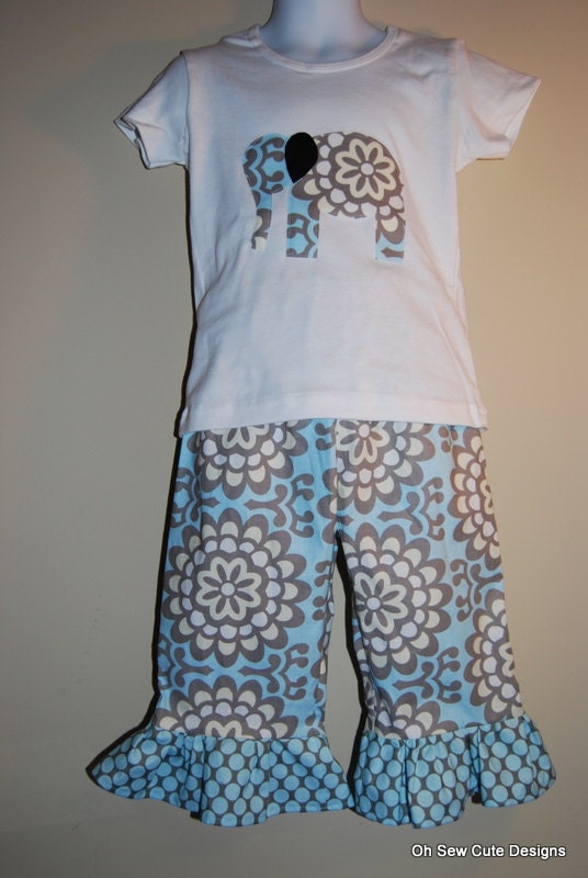 Cute Blue Lotus Flower and Blue Moon Dot Ruffles with Matching Elephant Tee Sizes 6month-6 years