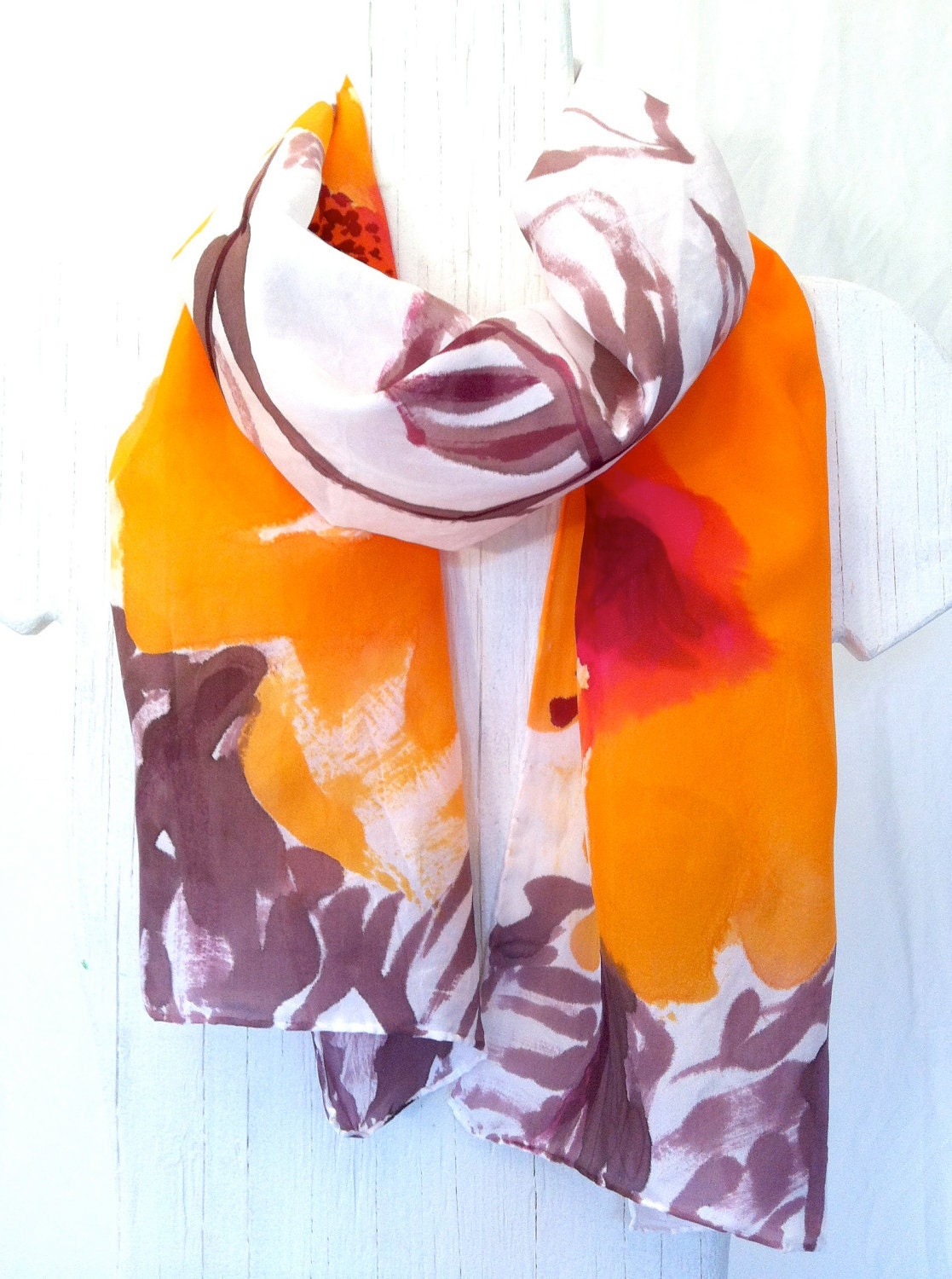 Hand Painted Silk Scarf. Tangerine Orange Hibiscus Flowers Scarf. Floral Spring Fashion. Orange Silk Scarf. 10x54 in. Made to order. - SilkCouturebyTakuyo
