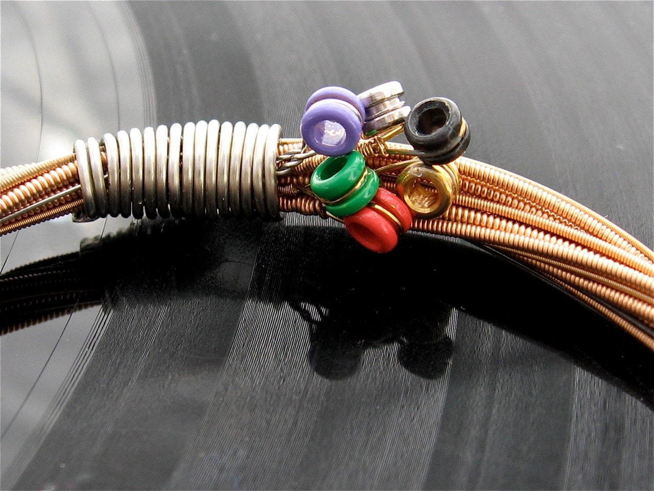 Recycled Acoustic Guitar String Bracelet bronze colored with colored ball ends attached Unisex LARGE free shipping to US