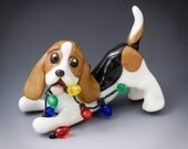Beagle Ornament playing Christmas lights Porcelain