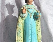 Antique Chalkware Infant of Prague Restored in Cool Blue and Soft Lemon Chiffon Shabby Chic Free Vintage Communion Rosary