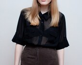 vintage sheer blouse / black chiffon short sleeeved blouse / M