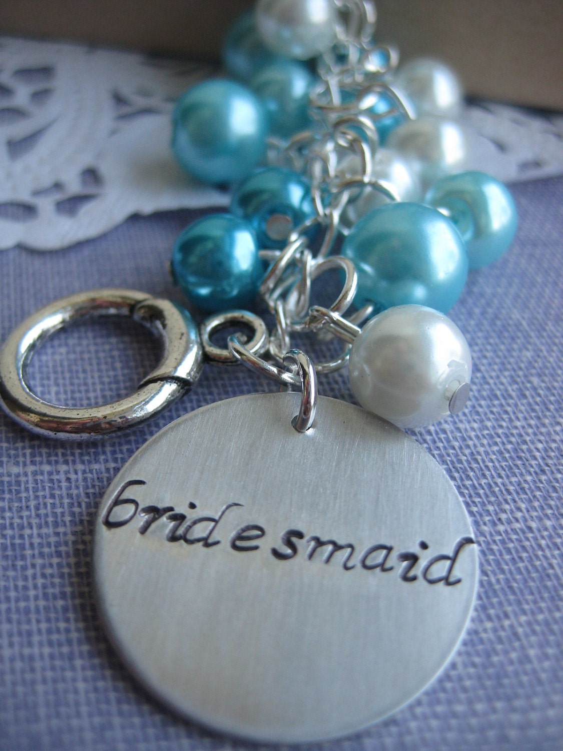 Bridesmaids gift handstamped charm turquoise cluster glass pearl bracelet. Other colours available.