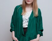 vintage silk cardigan / green oversized silk blouse / L