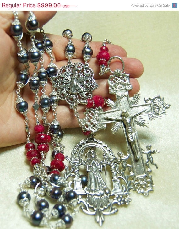 ON SALE Black Pearl Ruby Rosary Wire Wrap Red Unbreakable Heirloom  by HeartFelt Rosaries