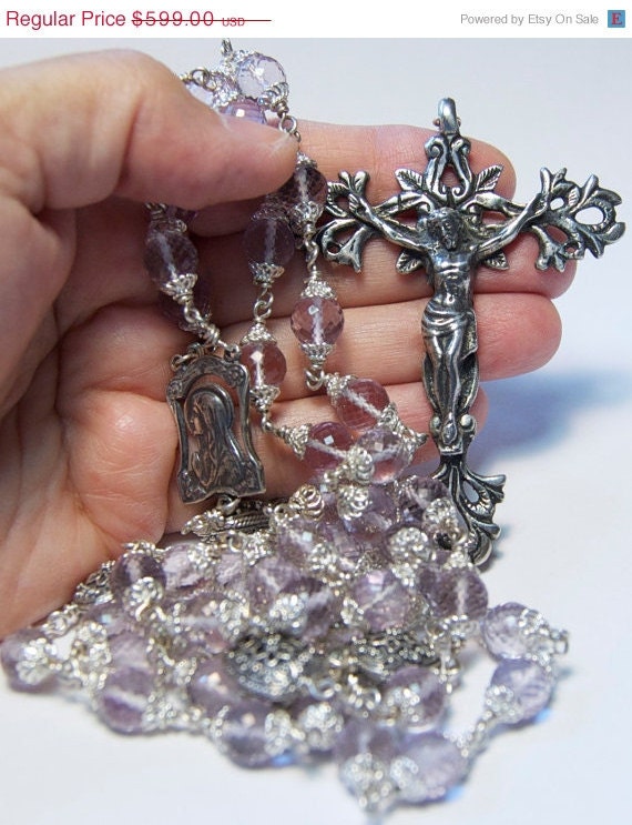 ON SALE Pink Amethyst Rosary Silver Catholic Unbreakable Custom Wire Wrap Heirloom by HeartFelt Rosaries