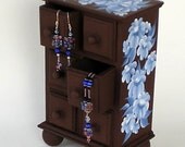 Wooden Jewelry Box - Hand Painted Mini Chest - Espresso Brown with Periwinkle Blue Daisies 6 Drawers Trinkets Vanity Desk Spring Mothers Day