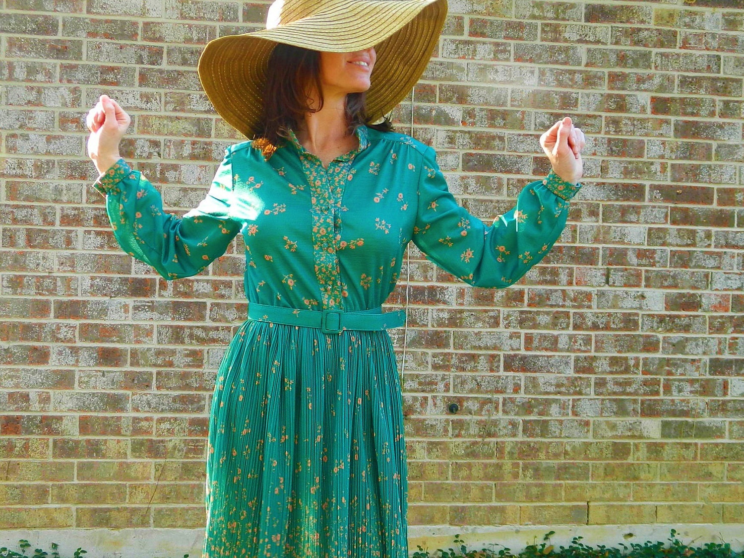 seventies VINTAGE emerld green SECRETARY boho dress