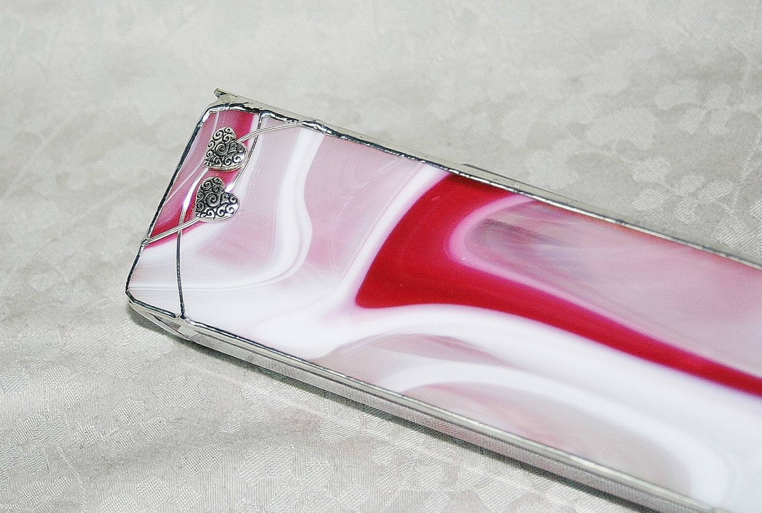 Stained Glass Box Valentine Pink and White Swirl 2x6 w/ two Pewter-cast Scrolled Hearts Hand-crafted OOAK