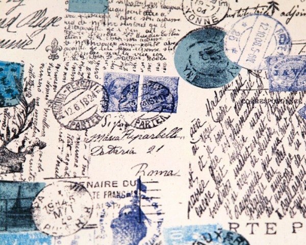 Home Dec Fabric Yardage - Amore Script - Premier Prints Designer -Blue and Natural - 1 Yard