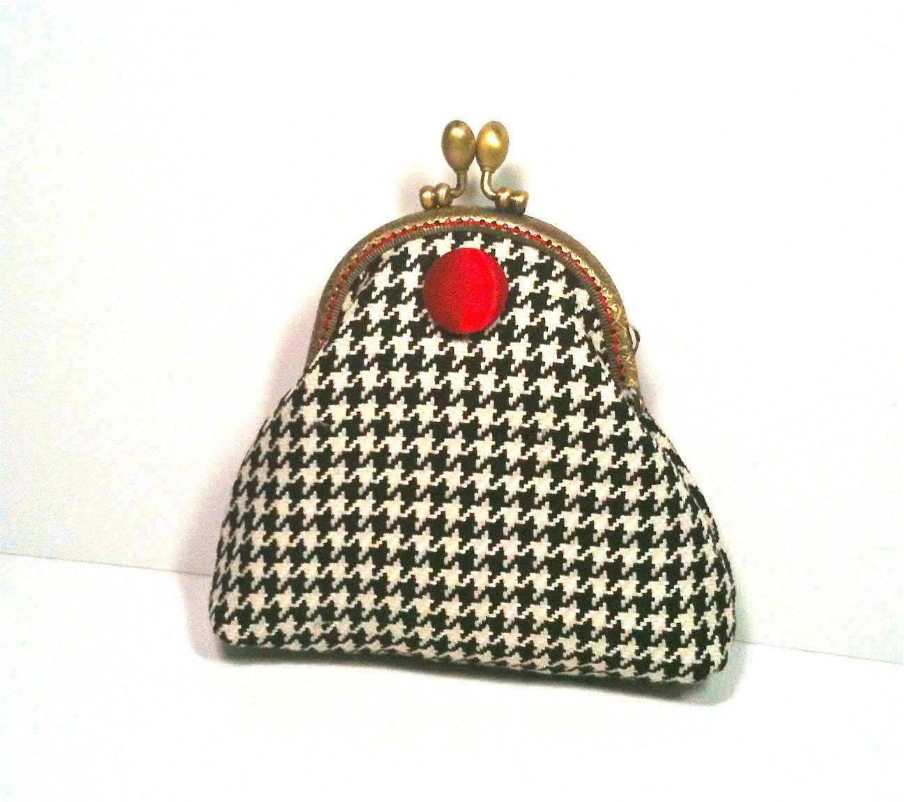 Coin Purse in Black and White Plaid with Red Button