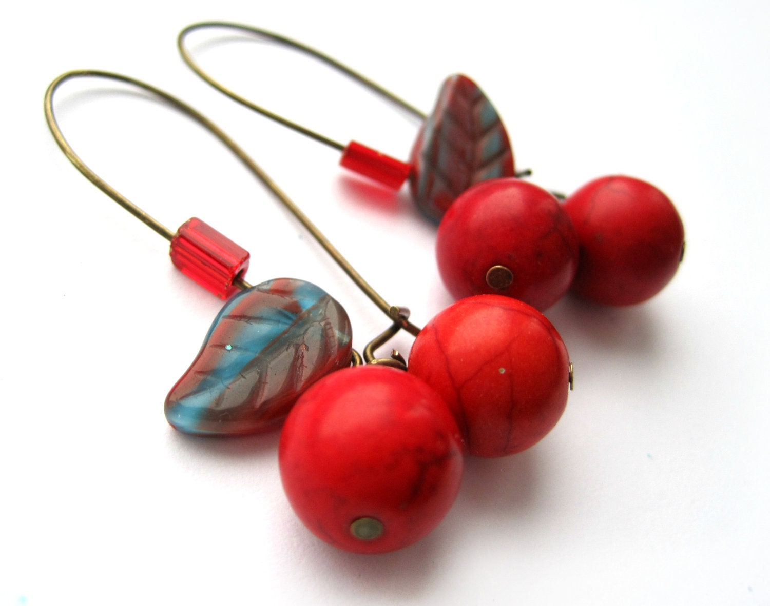 Red earrings - cherry earrings - Turquoise, stone - Leaf, nature, woodland - Summer earrings - blue and red