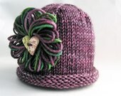 Photo Prop Baby Hat, Cashmere Merino Wool, Grape Plum Purple Green, Loopy Flower, Ceramic Heart Button