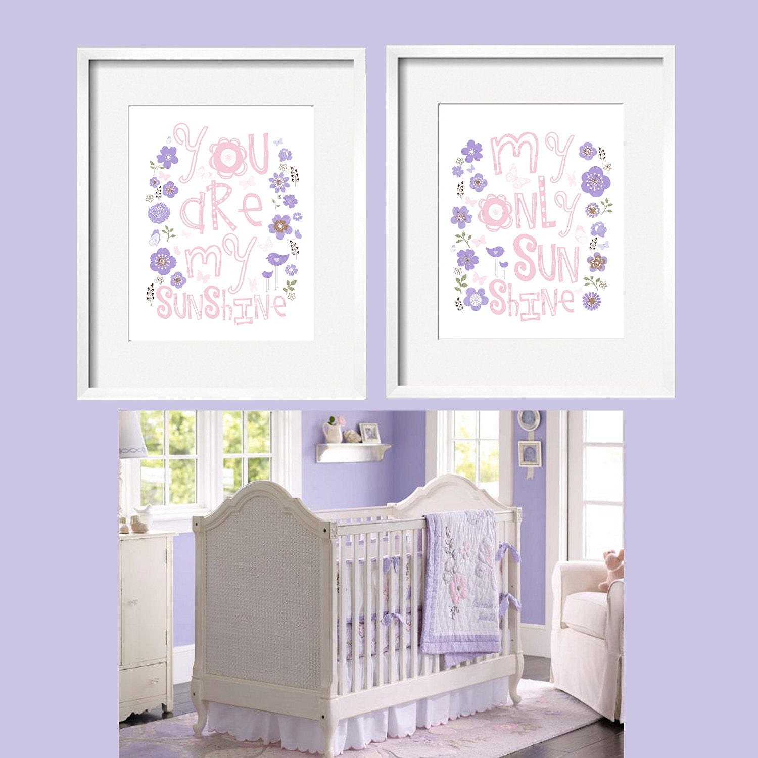 You Are My Sunshine Print Set 8x10- Flowers, butterflies and birds in purple and pink matches Gabrielle Nursery Bedding - YassisPlace