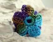 Crochet Ring Flower Applique Purple Gold Olive Teal Peacock on Purple Band
