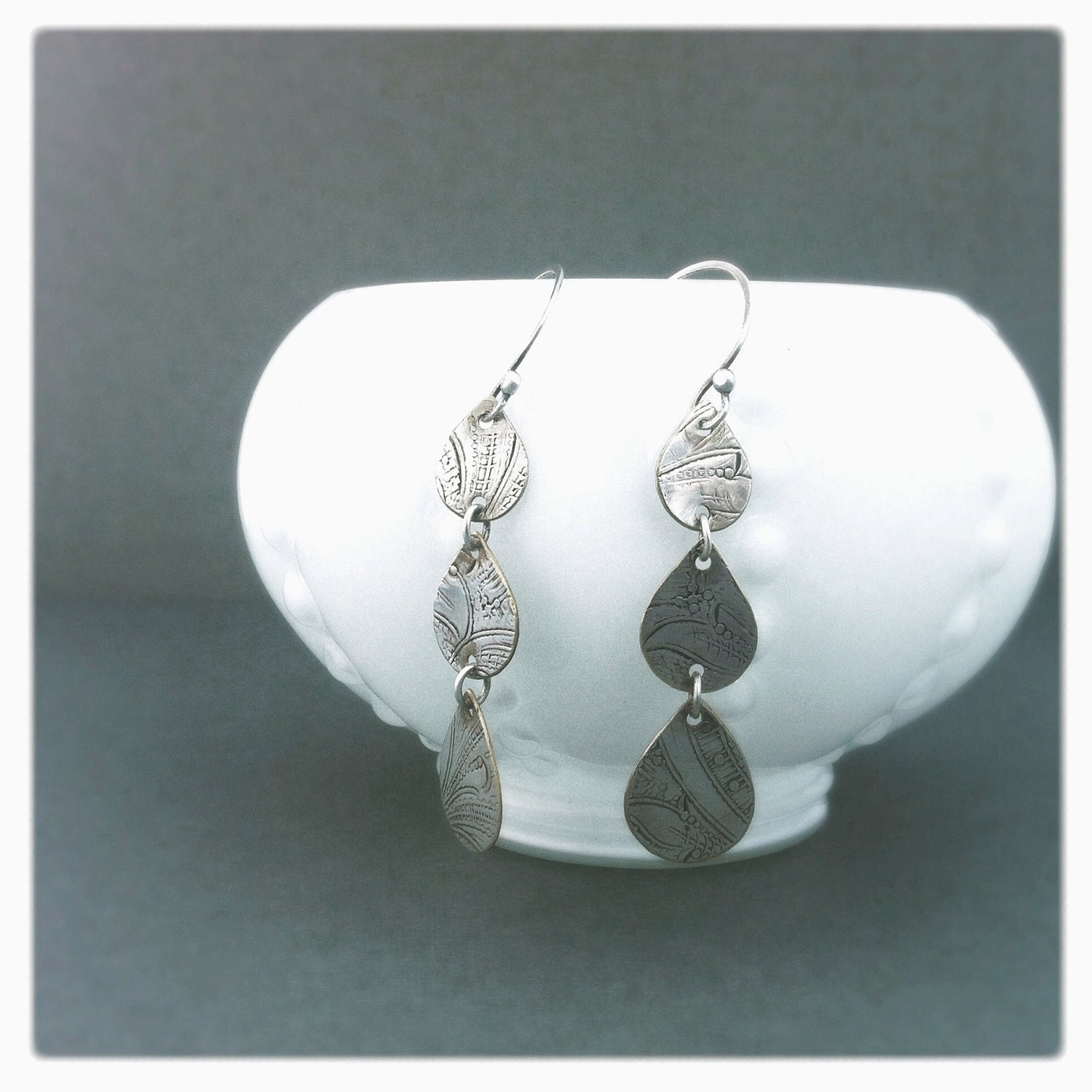Raindrop Earrings By Roia O'Brien - Upcycled - Antique Silver Tray - Repurposed Jewelry
