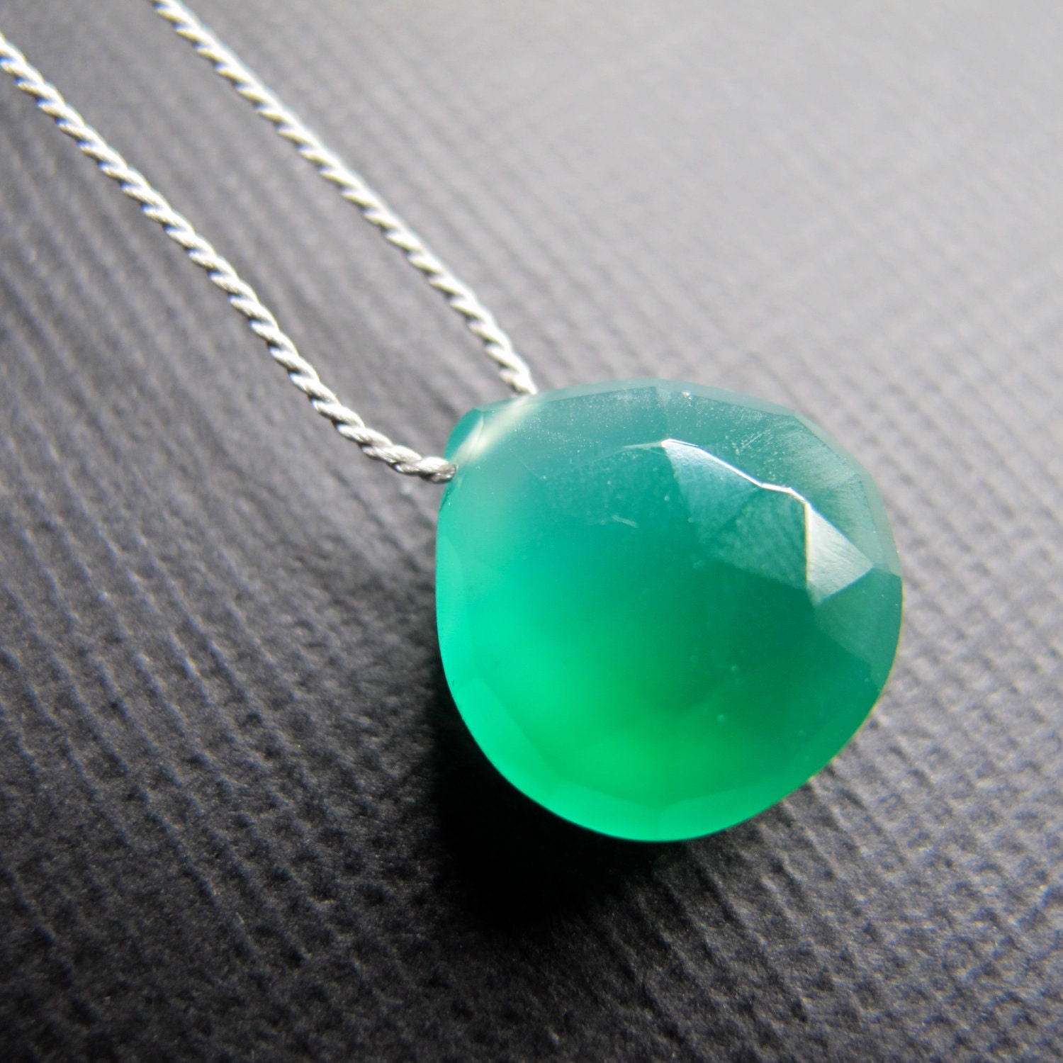 Green Onyx Briolette on Silk Cord Droplet Necklace