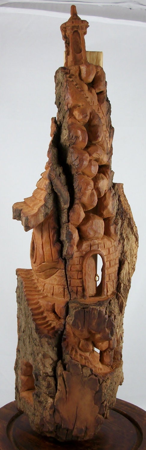 Lighthouse / Mystical Fairy House hand carved Cottonwood Bark
