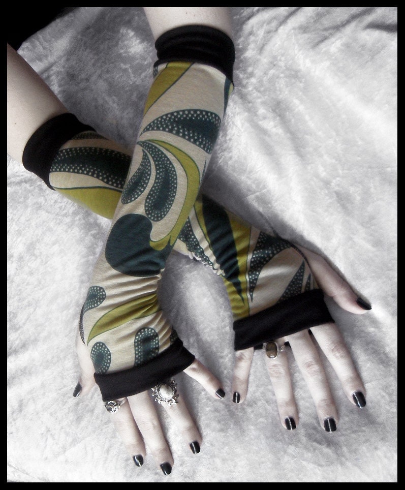 Forest Bohemian Arm Warmers - Khaki Taupe Dark Green & Olive Moss Paisley - Yoga Gothic Black Tribal Bellydance Cycling Boho Gypsy Goth