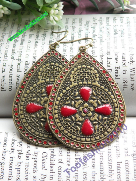 Pretty retro copper red drop shap with flowers earrings vintage style