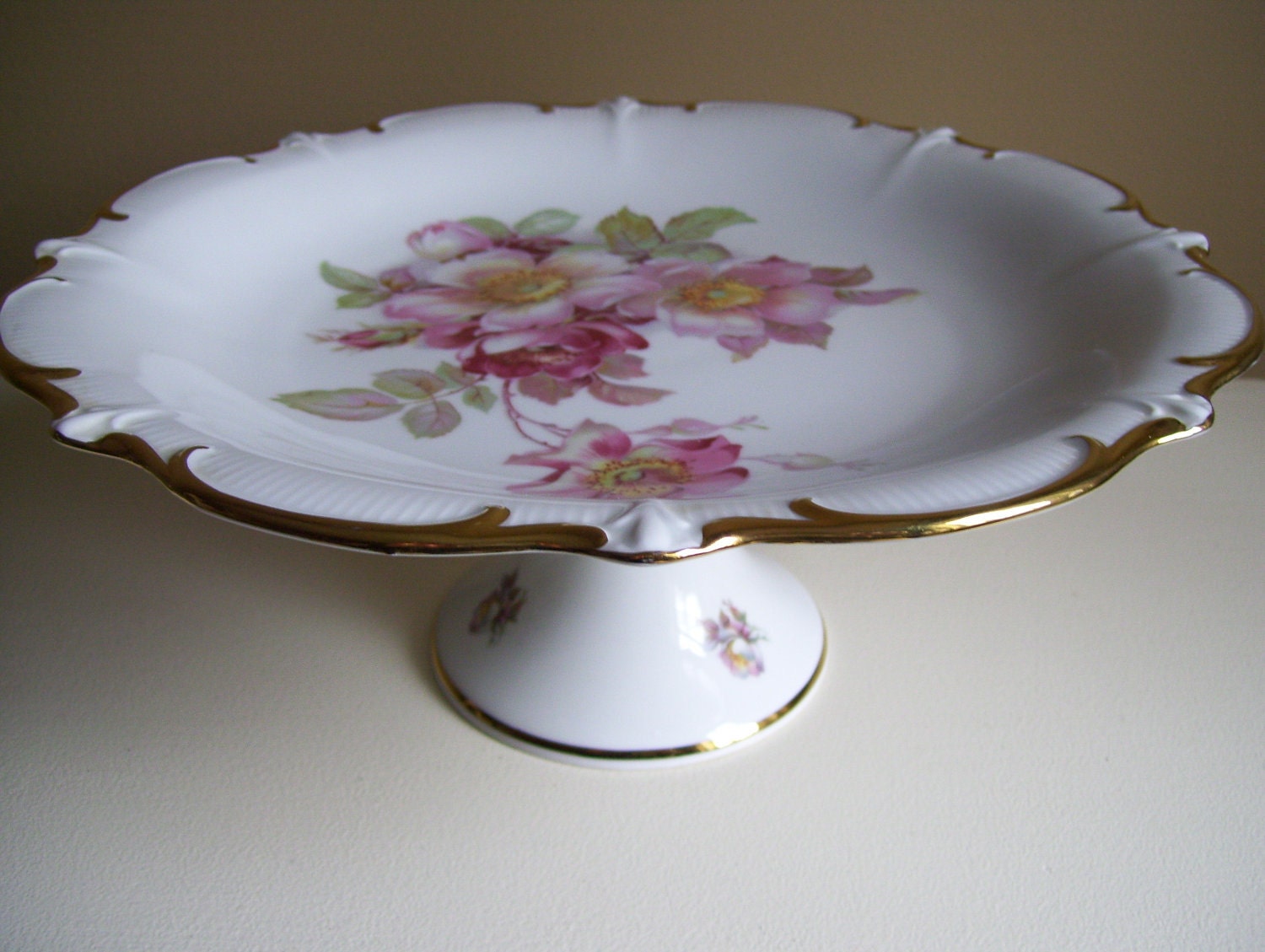 Vintage Cake Plate With Pedestal - Cottage Shabby Chic Roses