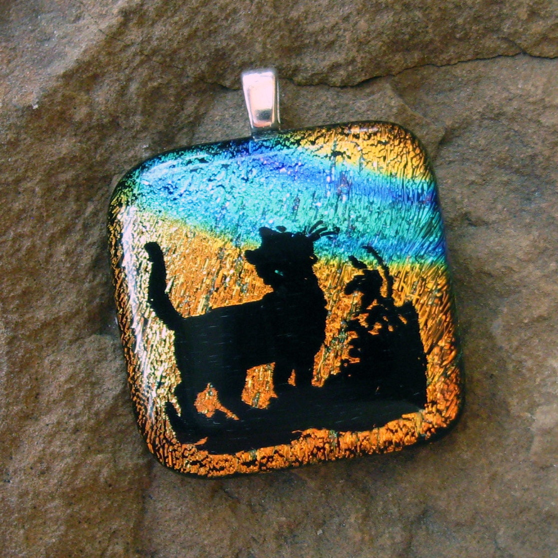 Fused Glass Cat Pendant, Cat  Dichroic Jewelry  Fused Glass Pendant - Copper Rainbow  Kitty in the Garden