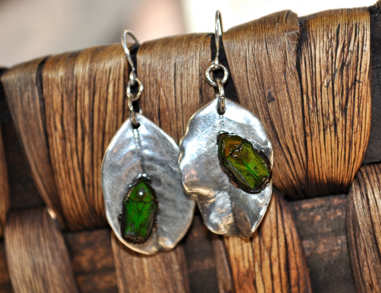 Real Leaf and Beetle Sterling Earrings OOAK