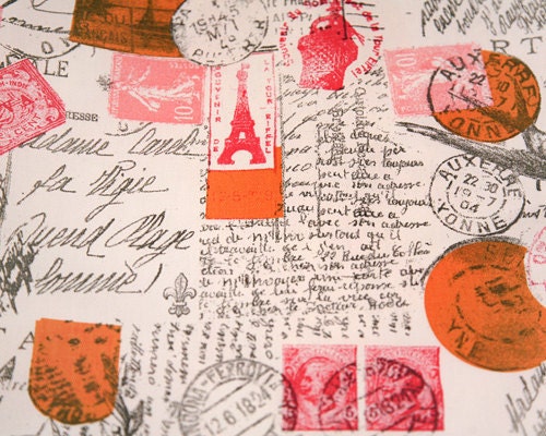 Home Dec Fabric Yardage - Amore Script - Premier Prints Designer -Natural, Pink and Orange - 1 Yard