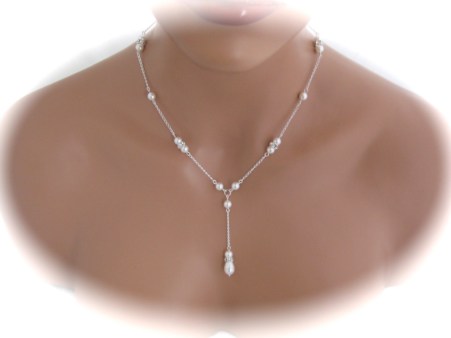 wedding jewelry - bridal Y shaped swarovski pearl necklace - sterling silver - Weddings - Jewelry