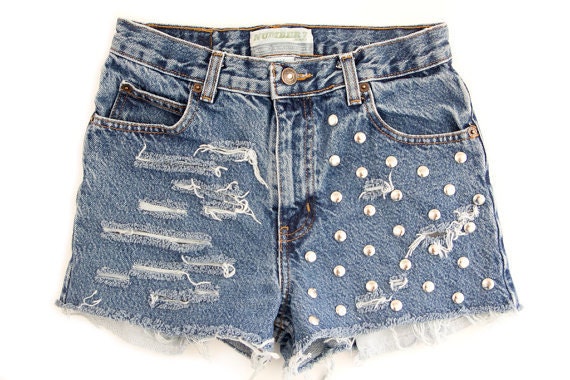 Studded Shorts, Vintage Distressed High Waisted Denim W26