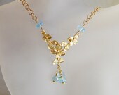 Aquamarine Necklace  March Birthstone Necklace Flower Connector Gold Fill Chain