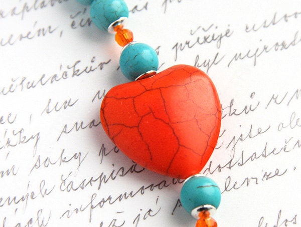 Orange and Aqua Blue Turquoise Bracelet. Large Heart. Mod Look. Swarovski Crystals.  Silver Toggle Clasp. tagt team