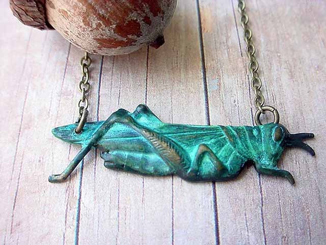 Verdigris Green Grasshopper Necklace Brass Insect Pendant Gift for Bug Collector, Entomologist