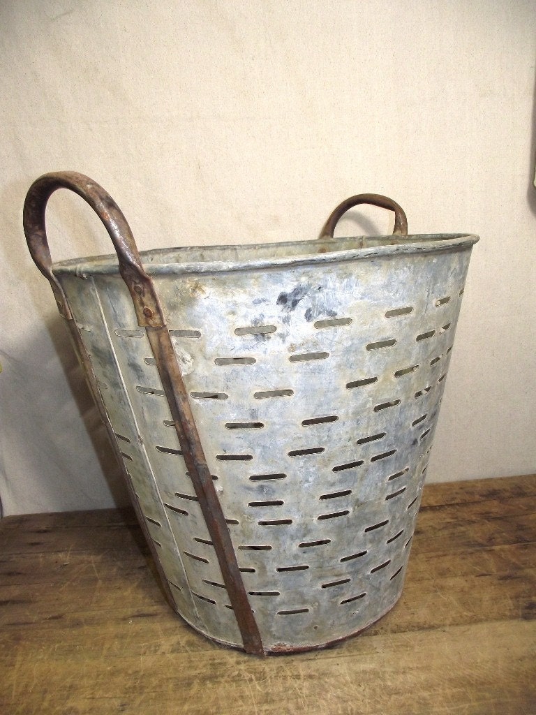 Vintage Olive Bucket from Europe Galvanized Large Rusty Bucket Slats Fabulous Last One