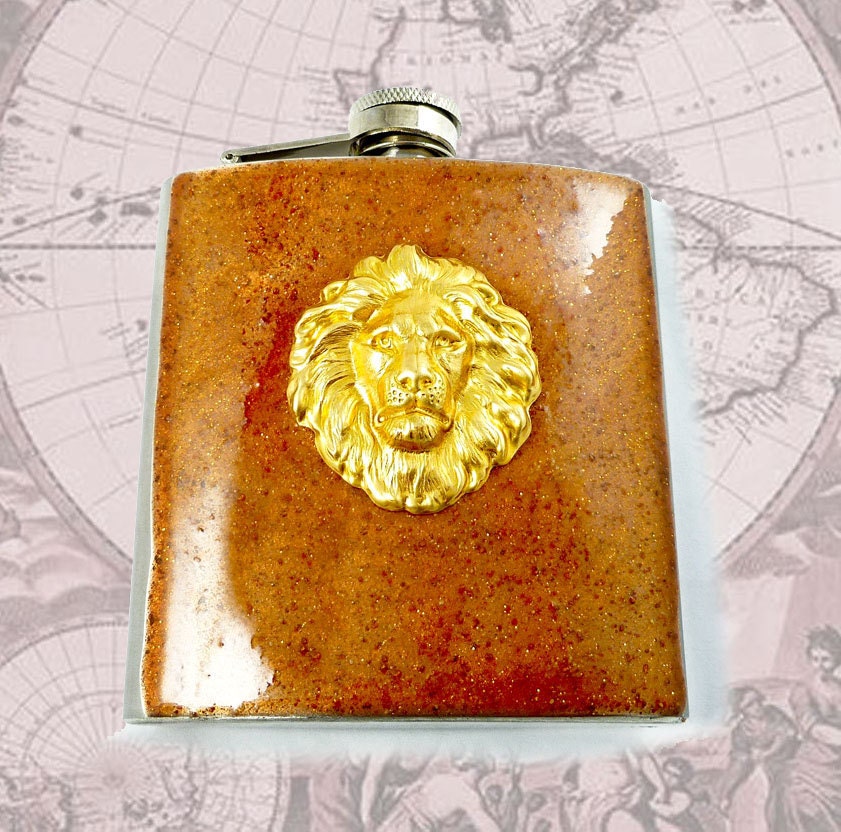 Safari Lions Head Flask Leo Zodiac Hip Flask Neo Victorian Copper Blast Resin Hand Painted Stainless Steel Mixed Metal Design