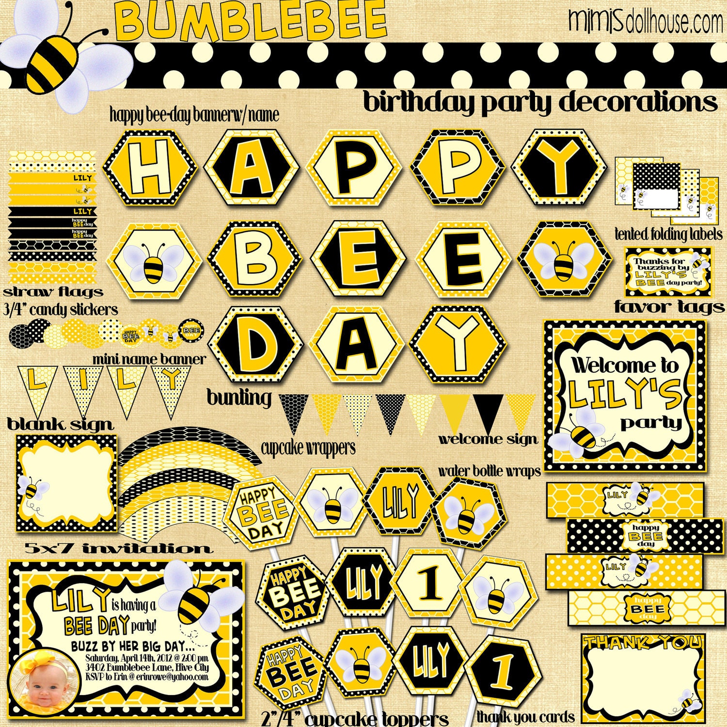 Bee Party Decorations- Printable Bumblebee Birthday Party Decorations PDF/JPEG
