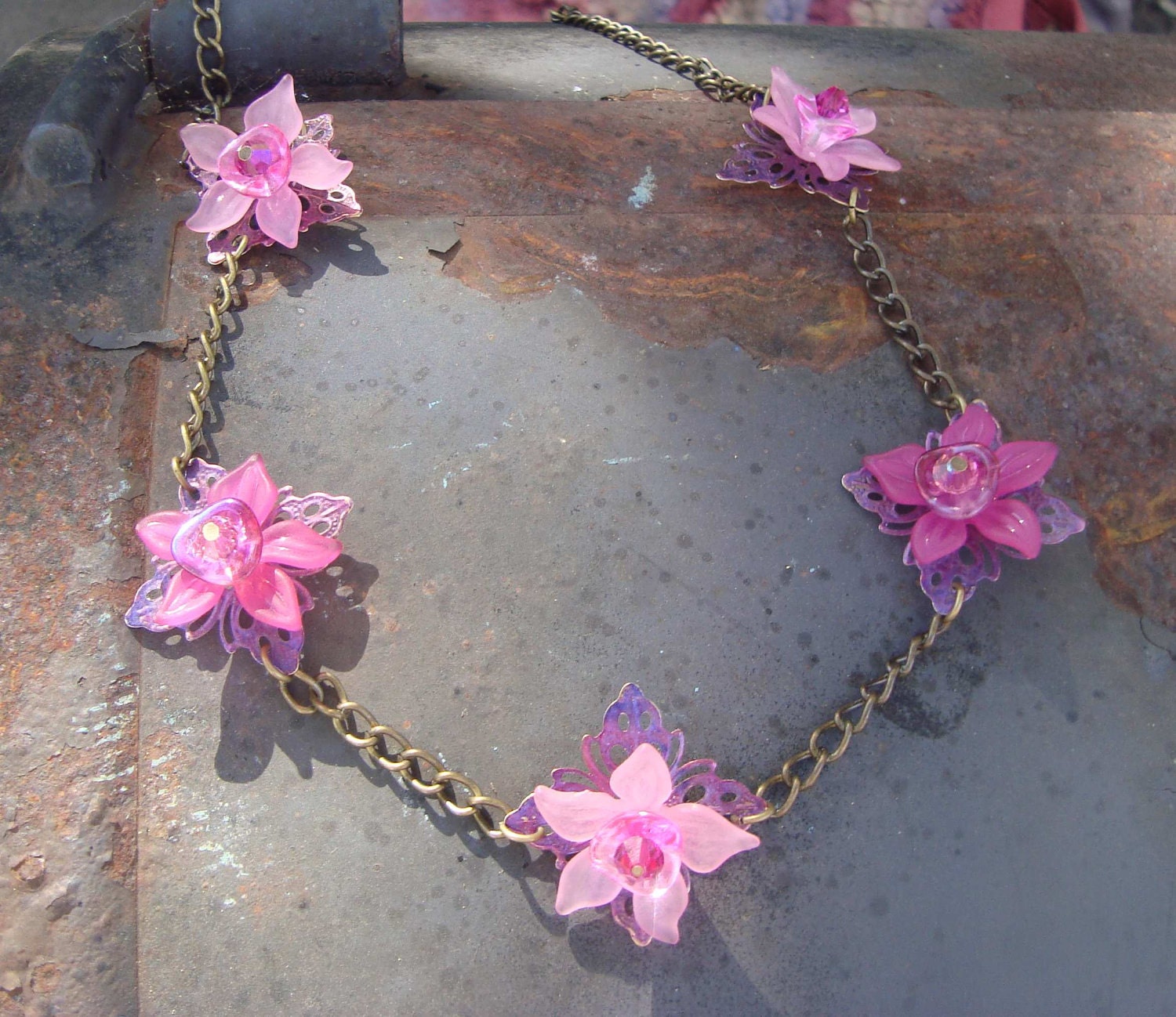 Pink Princess Orchid Lei  Vintage Lucite Flowers on Brass chain