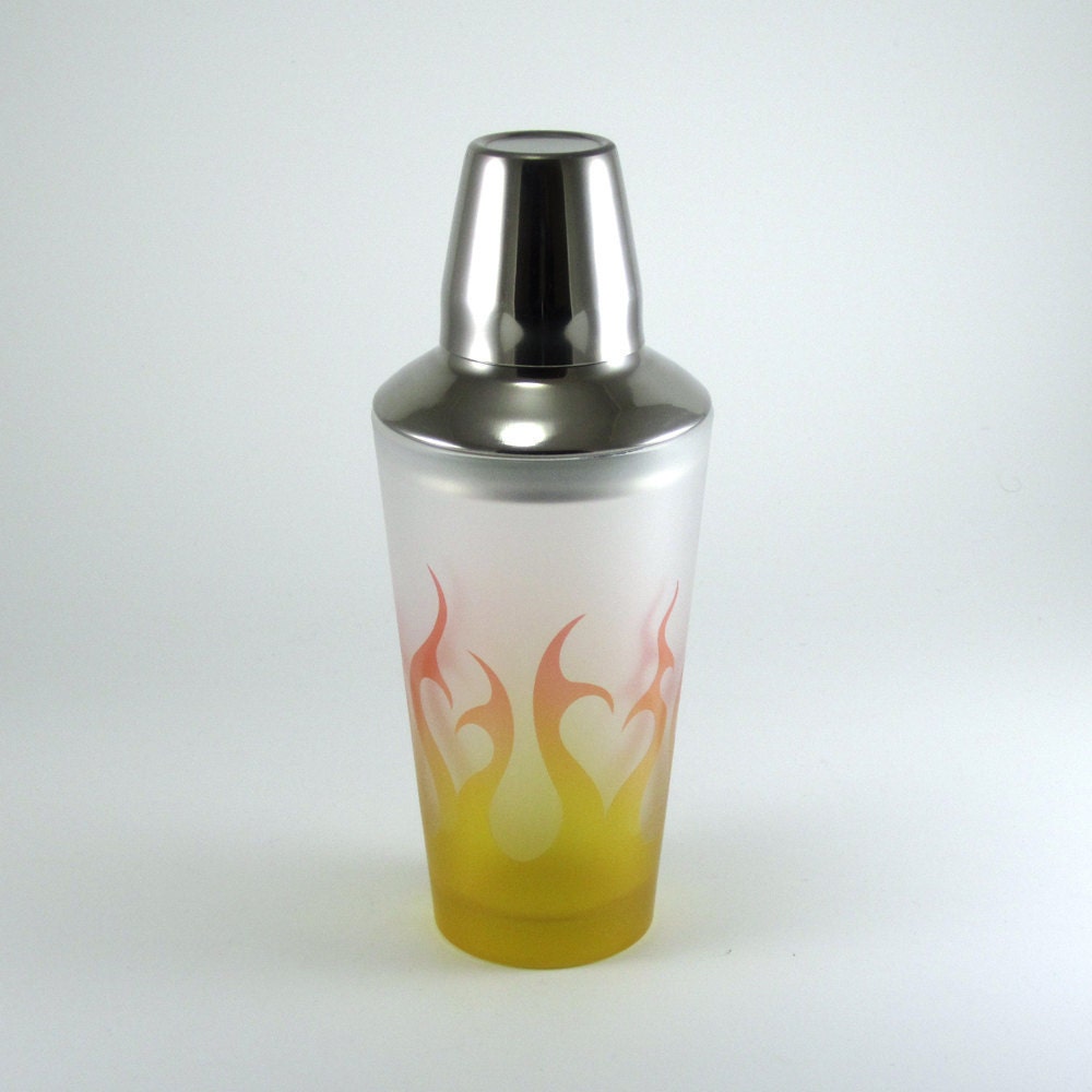 Cocktail Shaker - Tribal Flames - Red and Yellow with Gold Flake - Custom Painted and Etched Glass