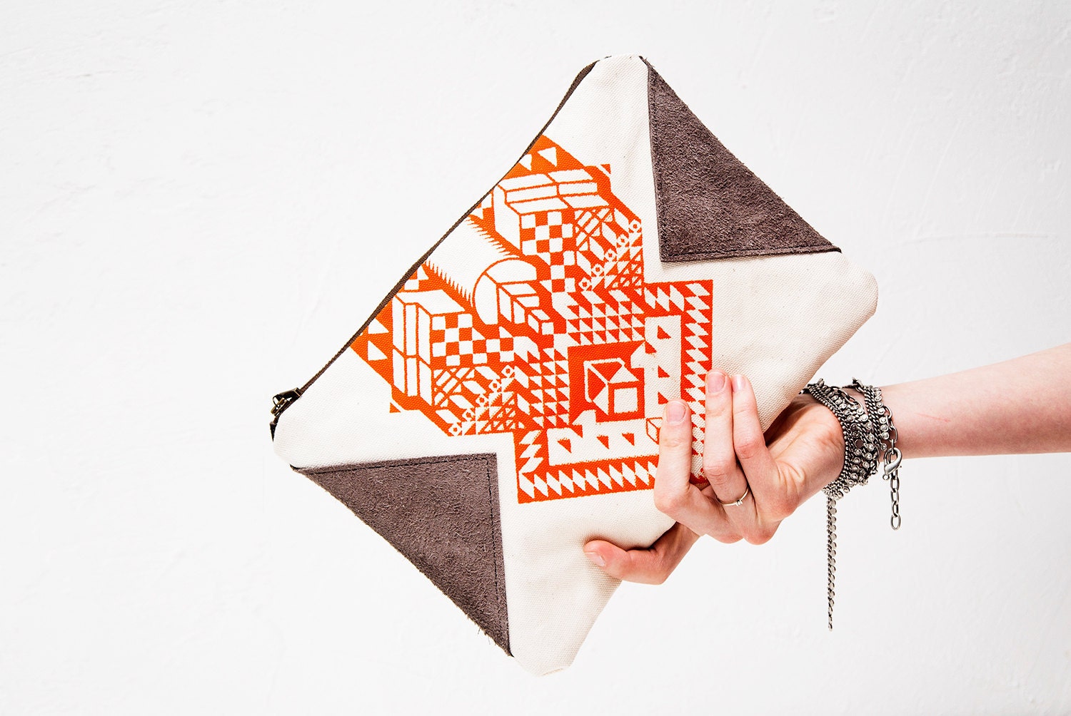 SALE Geometrical Illusion Printed  Leather Pouch  Tangerine
