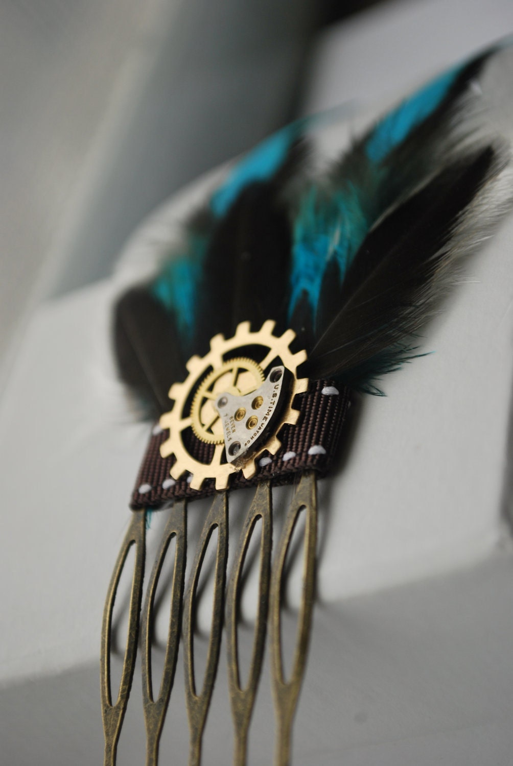 Steampunk Hair Accessory - One Of A Kind Feathered Hair Accessorie With Watch Parts and Gears - Wedding, Bridal, All Occasion