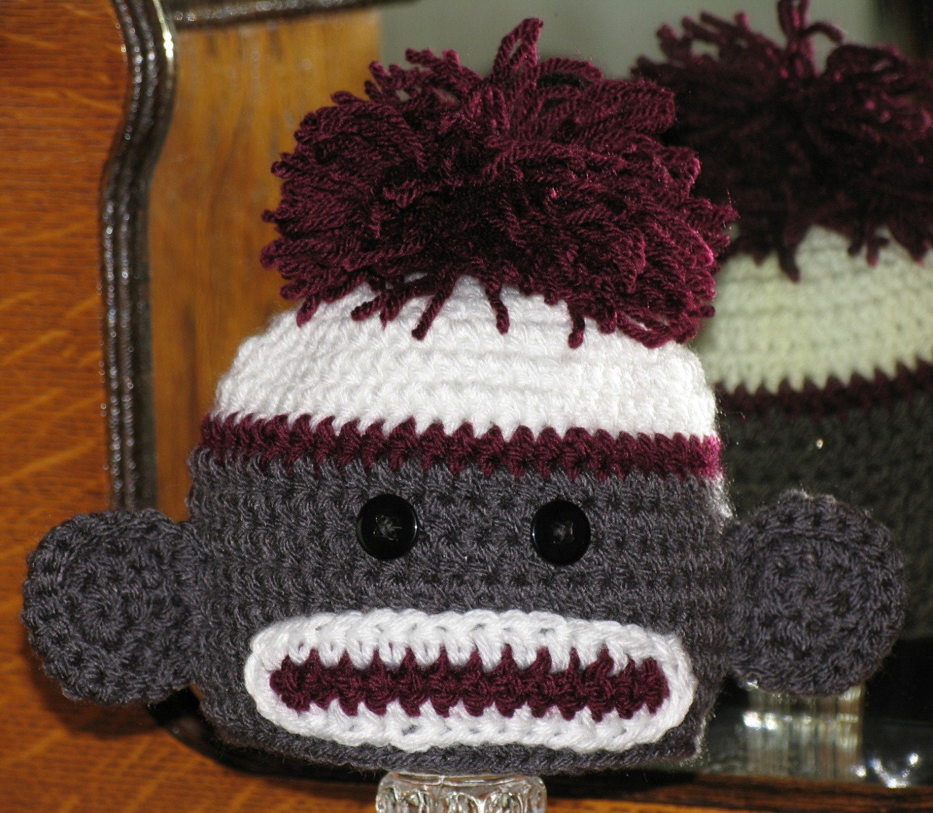 Sock Monkey Hat Fits 12 month to 3 years old child - Hand Crocheted in Burgundy, White and Grey