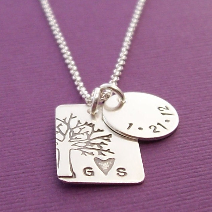 Under the Oak Tree Pendant Plus ONE - Custom Hand Stamped Sterling Silver by EWD - Tree of Life Necklace with Name or Date