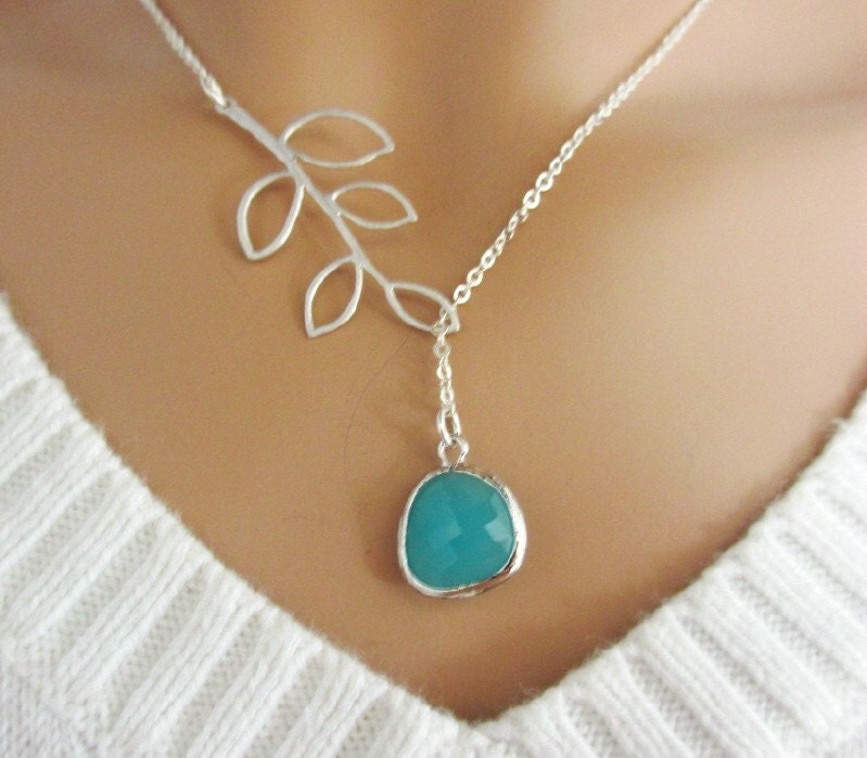 Aqua Blue and Branch Lariat Necklace, Branch Necklace, STERLING SILVER CHAIN