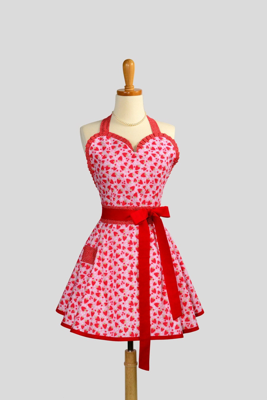 Womens Flirty PinUp Sweetheart Apron : Retro Ruffled Cute Red and Pink Strawberry Tea Party with Red Dot Trim