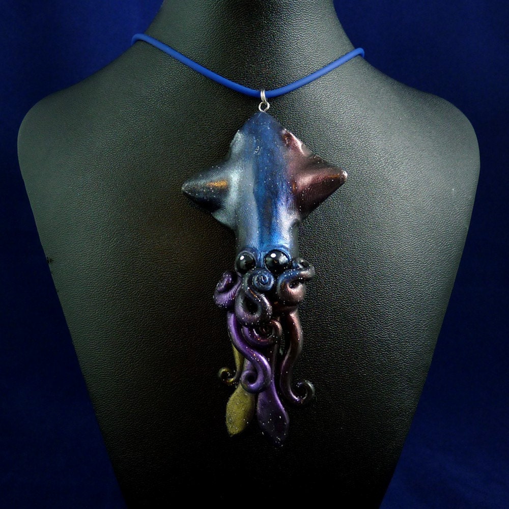 Deep Space Squid Necklace - Polymer Clay Cephalopod Jewelry