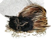 Black Feather Headband and Mini Veil, Wedding Headpiece, Bridal Fascinator, Mini Bridal Veil, Feather Headband, Birdcage Veil, Black