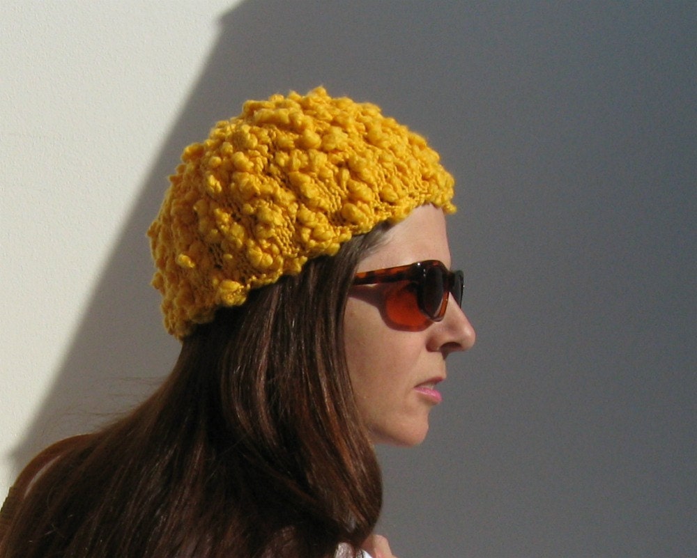 hat beanie knit in yellow cotton